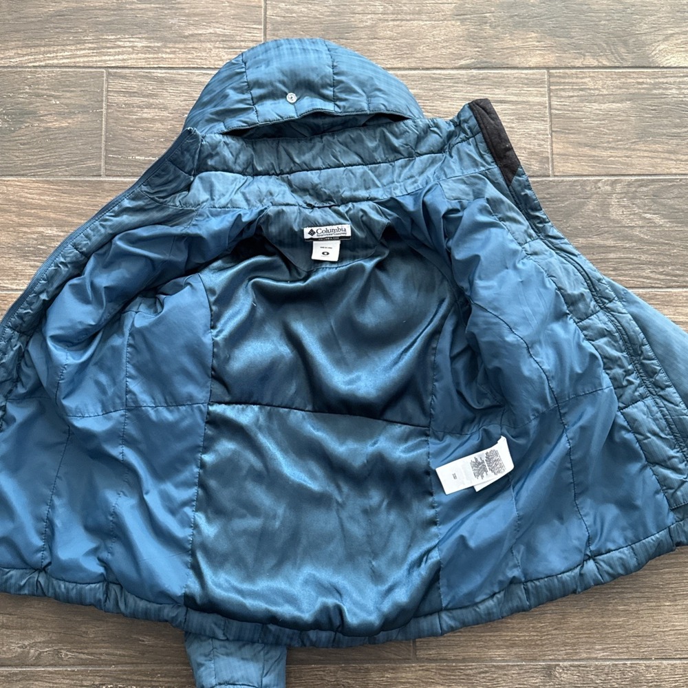 Columbia Down Puffer Jacket Women Medium Omni Shield Blue Hooded Faux Fur Trim - Picture 5 of 15